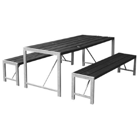 Café & Trädgårdsmöbler | Bord och 2 bänkar H-modell svart grundmålad med galvaniserad ram